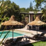 Pool view from terrace with palm trees and pool house for countryside villa in Essaouira Morocco by marketing agency.