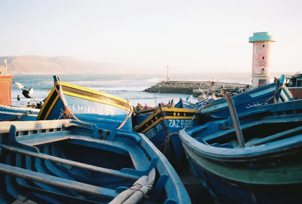 Imsouane Morocco with fishing boats and famous tower